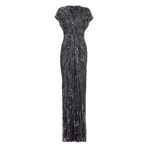 Jenny Packham Long Grey Sequined Tulle Maxi Dress - NWT